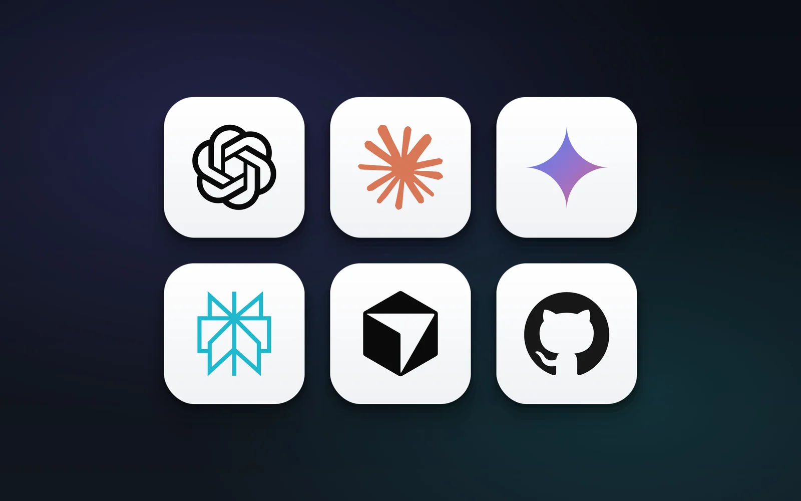 Logos des principaux outils d'IA (ChatGPT, Claude, Gemini, Perplexity, Cursor, GitHub) en grille de tuiles modernes