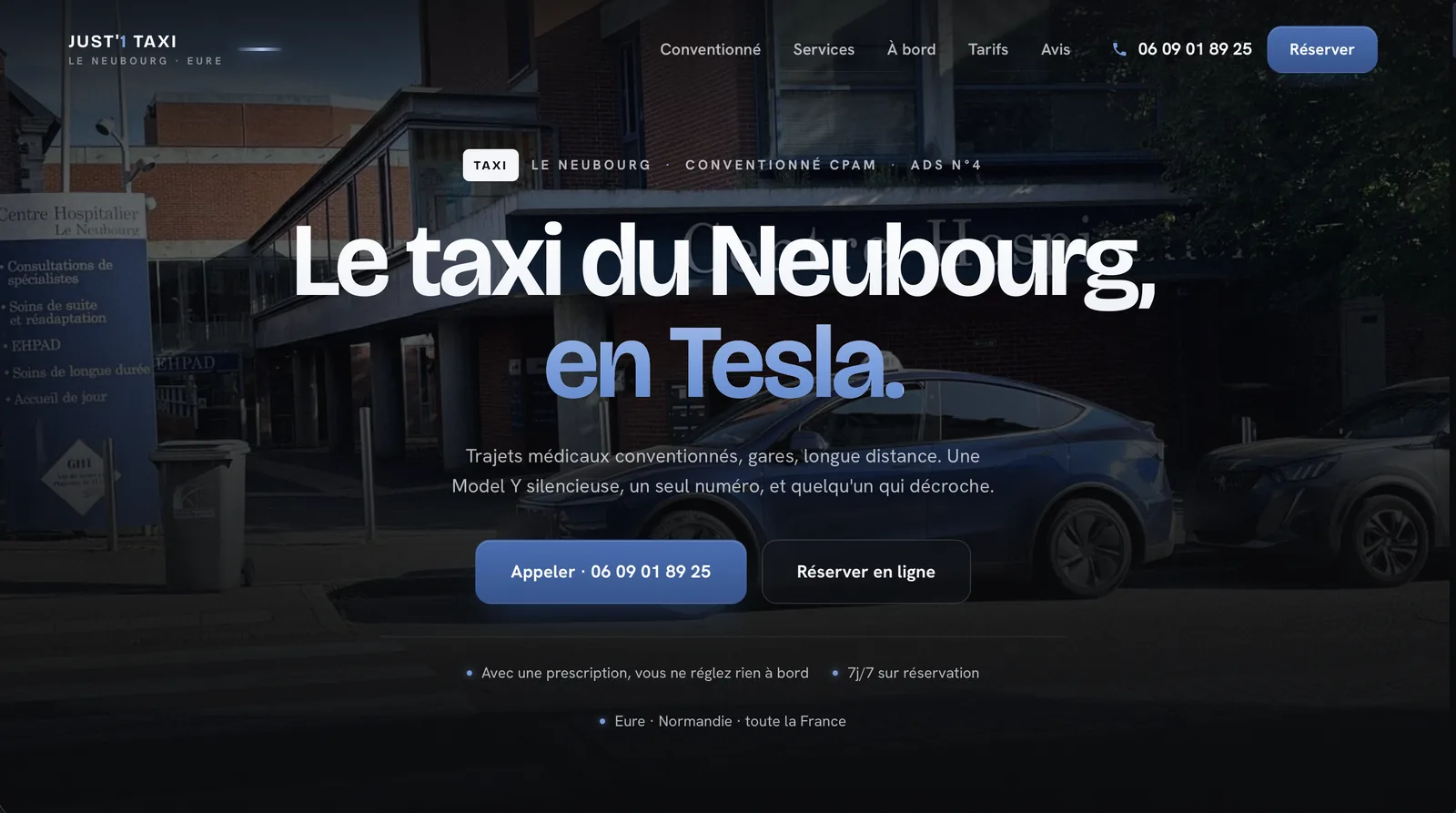 Page d'accueil du site Just'1 Taxi : Le taxi du Neubourg, en Tesla, conventionné CPAM, ADS n°4