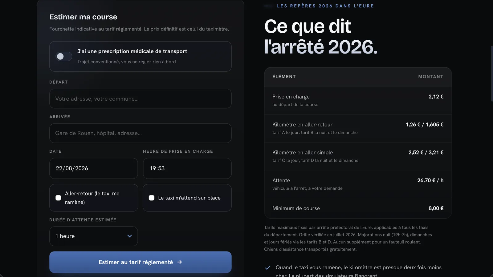 Estimateur de course Just'1 Taxi et grille de l'arrêté préfectoral de l'Eure 2026